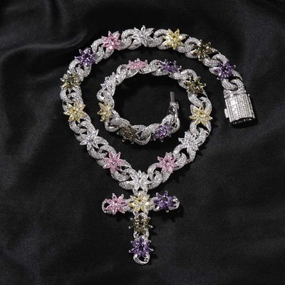 Bling Rainbow Colored CZ Floral Cross Necklace Heavy Gold Plated Hip-hop Chain
