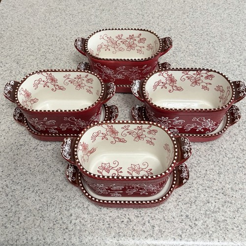 Temp-tations by Tara Floral Lace Cranberry 10oz Ramekin Bakers & Lid-Its 8Pc Set