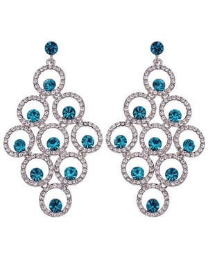 Crystal Aqua Blue Colored Rhinestones Circle Grape Dangle Earrings