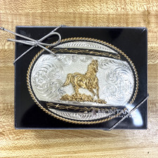 NEW in box Montana Silversmiths Large Belt Buckle Horse Western Cowgirl Engraved
