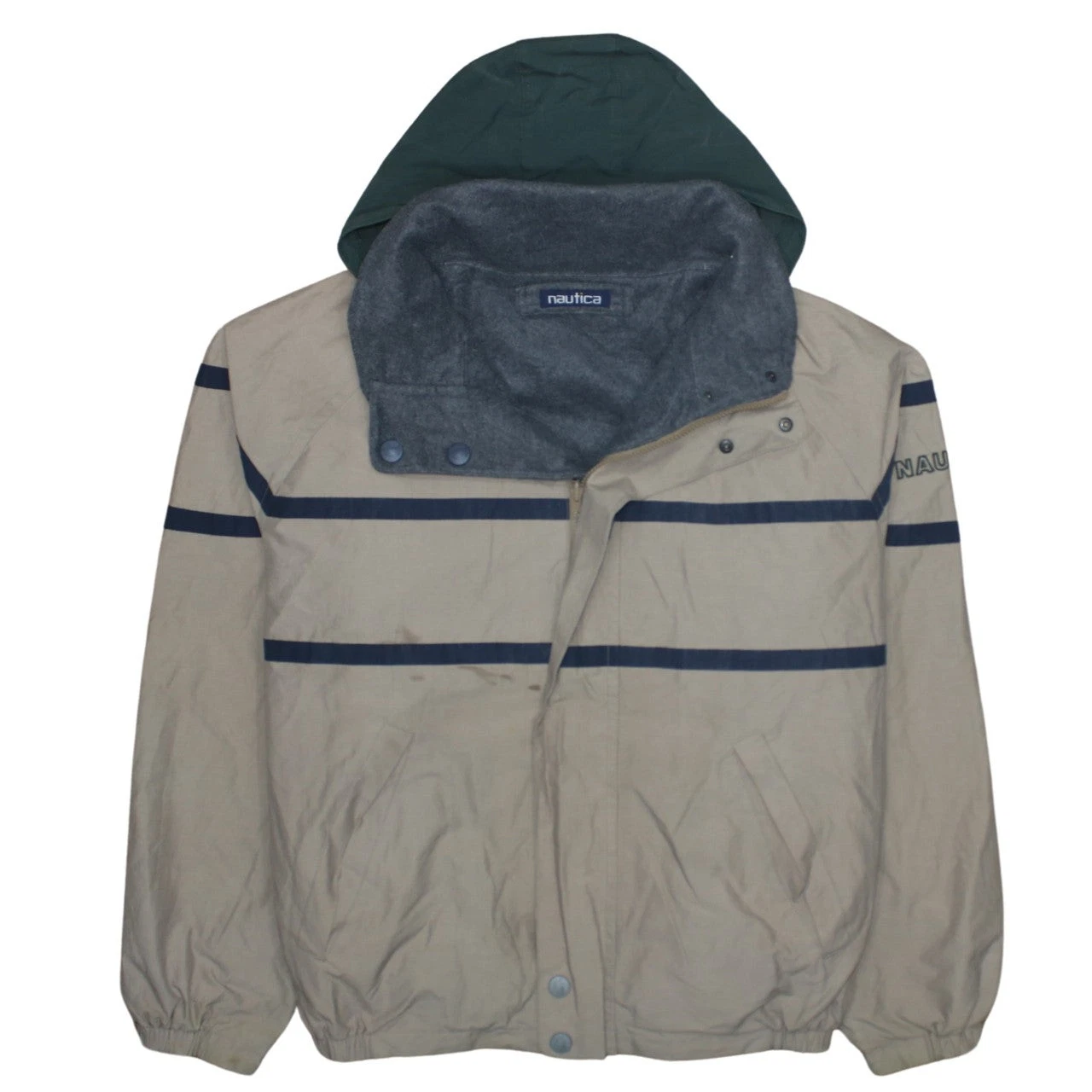Nautica Men's Beige Windbreaker Jacket L Hooded Full Zip Fleece Lined