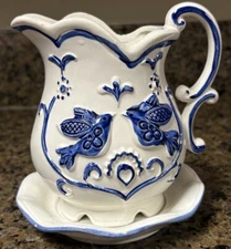 Intricate Vintage Blue Love Birds Pitcher/Vase With Saucer Made In Japan 5” Tall