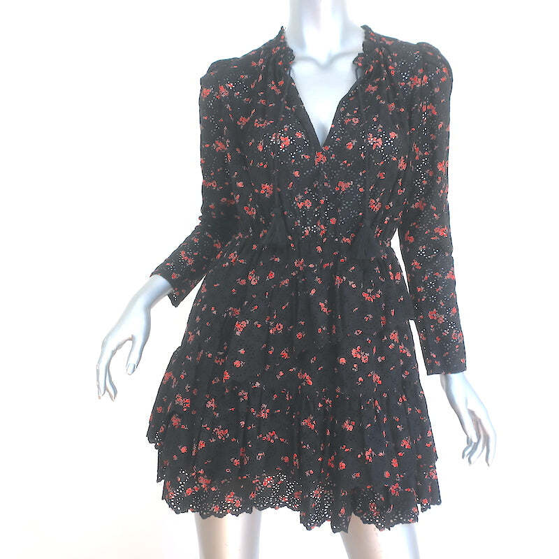 Ulla Johnson Josette Dress Black Eyelet-Embroidered Floral Print Size NEW