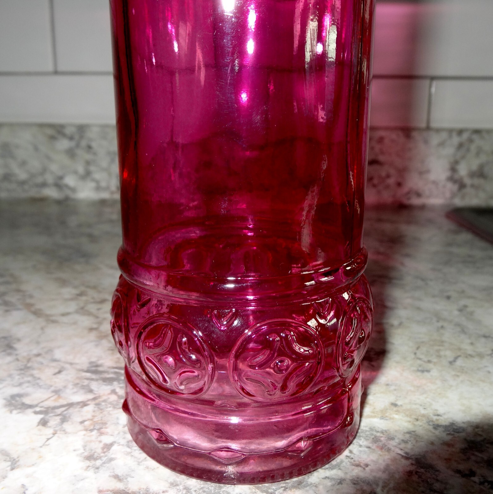 Vintage Pink Glass Bottle Round Apothecary Jar 12 Inch Embossed Design