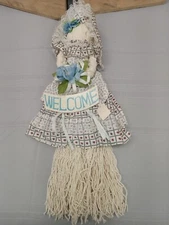 Vintage handmade string rag mop doll with welcome flowers dress new one of a kin