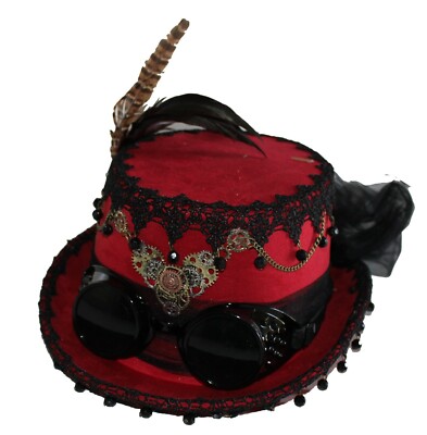 Deluxe Velvet 4.25'' High Steampunk Full Size Top Hat Removable Goggle & Feathers