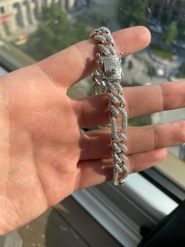 Real Solid 925 Silver Mens Figaro Bracelet 13mm Iced Out CZ Heavy HipHop 7.5in - 第 5/7 張圖片