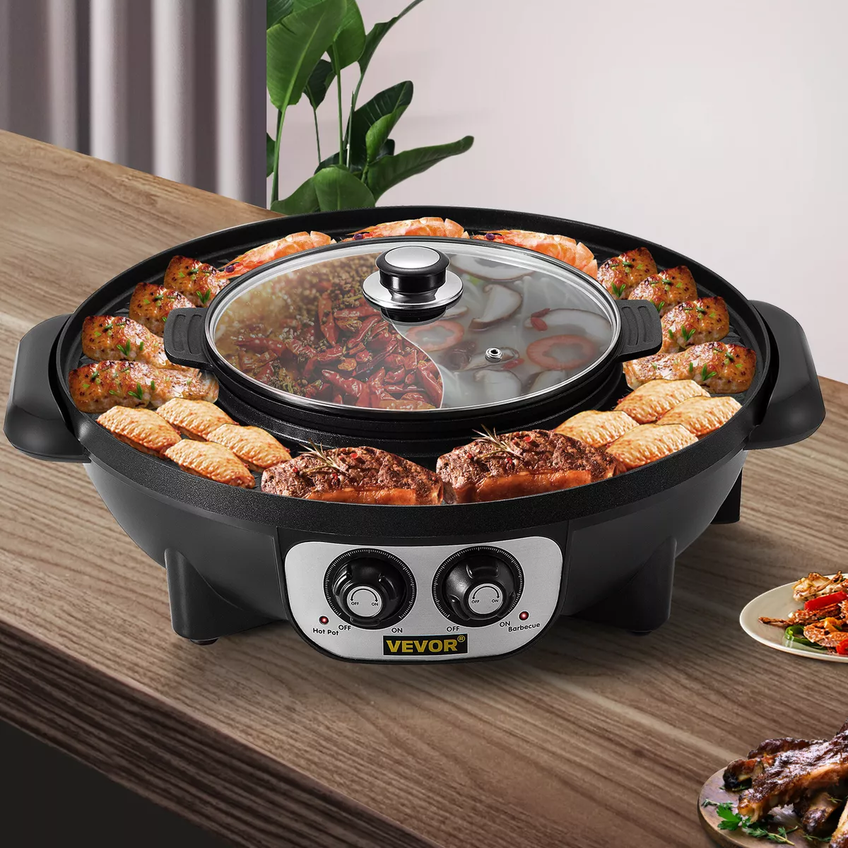 VEVOR 2 In 1 Electric Pan Hot Pot BBQ Frying Cook Grill Kitchen