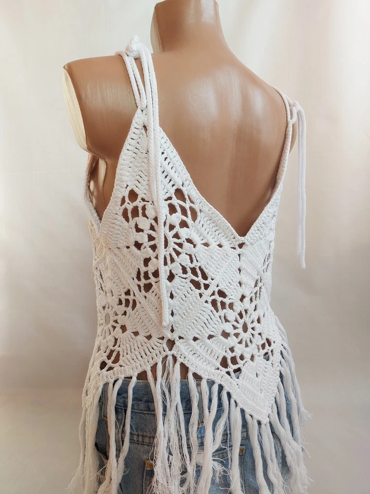 Cubierta blanca, top boho de ganchillo, funda de playa blanca, cubierta de algodón Foto 3 de 4
