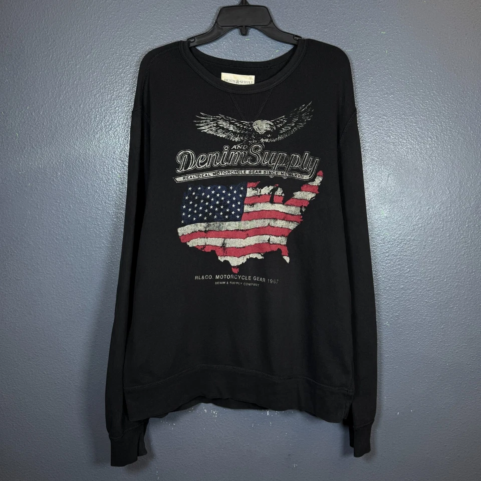 Denim & Supply Ralph Lauren XL Hombre’s Negro Sudadera Grande Bandera Americana Foto 2 de 4