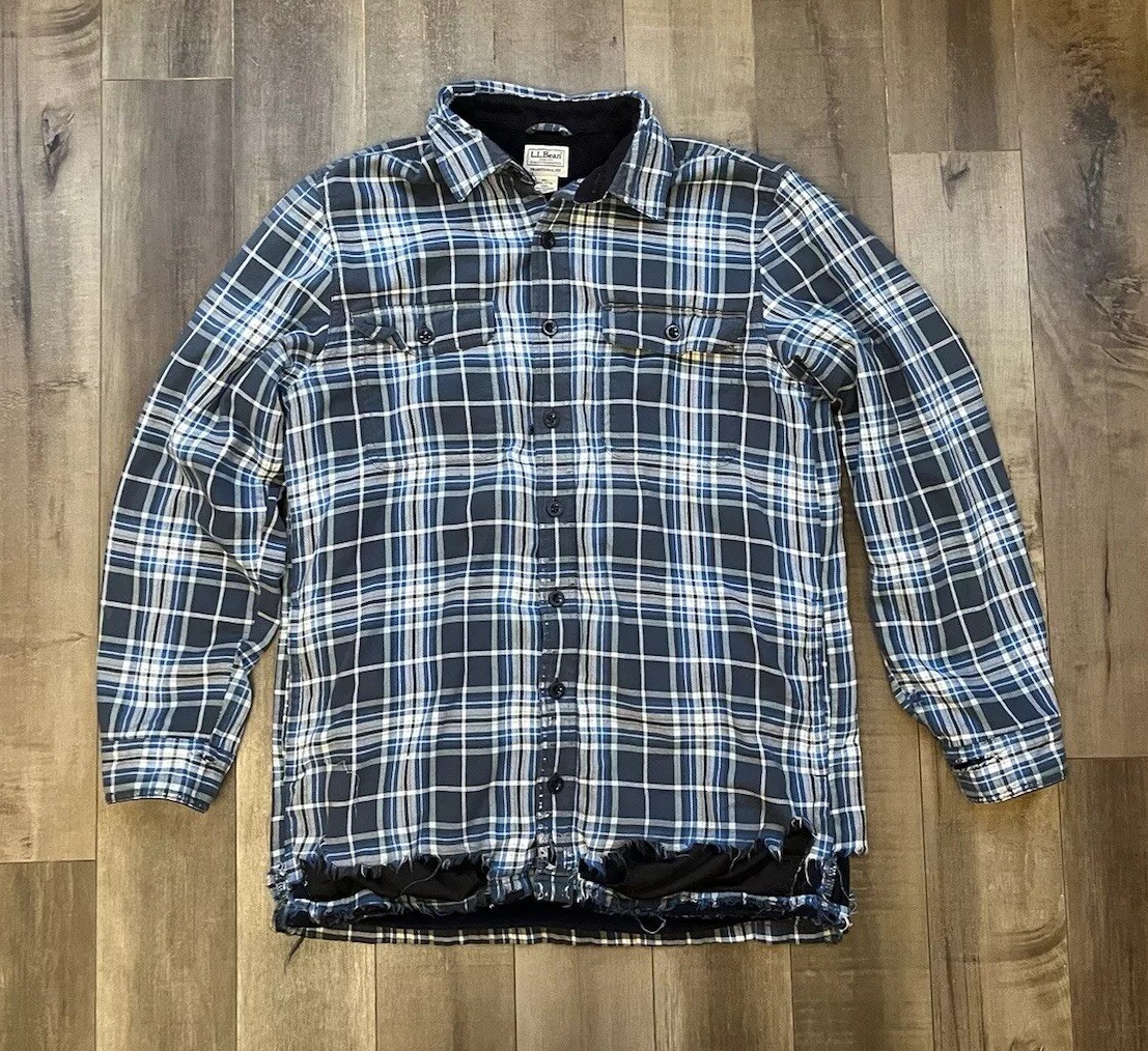 LL Bean Shirt Mens Medium Tall Blue Plaid Fleece Lined Flannel Traditional Fit