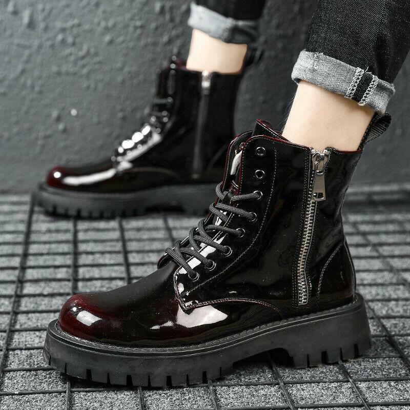 Men's Patent Leather Zipper Lace Up High Top Shoes Leisure Men's Patent Leather Zipper Lace Up High Top Shoes Leisure