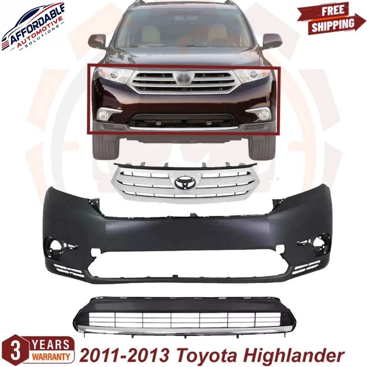 Front Bumper Cover & Upper Grille & Lower Grille For 2011-2013 Toyota Highlander