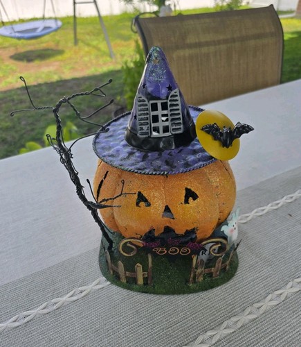 Halloween Pumpkin Tealight Holder Witch Hat Haunted House Ghost Bat Metal Decor