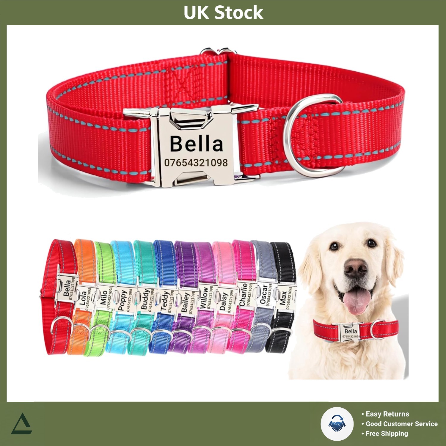 Personalized Dog Collar Custom Engraved Metal Buckle Reflective Nylon 1.5cm W...