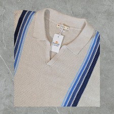 NEW Marine Layer Conrad Vertical Stripe Sweater Polo Men XL SS Beige Stripe