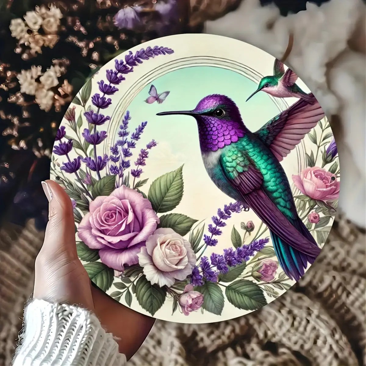 Hummingbird Floral Metal Wall Decor with Purple Roses