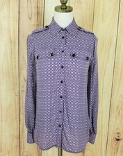 Tory Burch 100% Silk Long Sleeve Blouse Size 6 Purple Geometric Button Up Collar