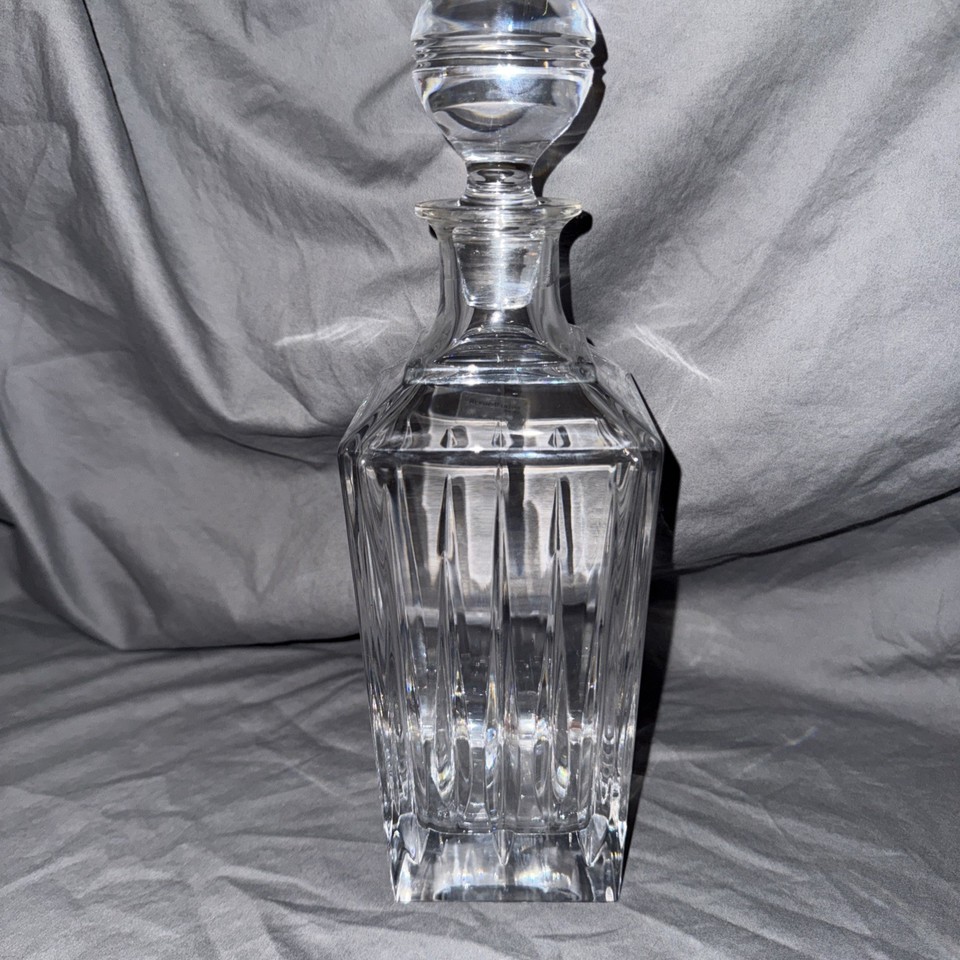 Heavy crystal Art Deco decanter by Reed & Barton's Soho line — bold geometric lines and serious weight make this feel like it belongs in a 1920s speakeasy, not a thrift store shelf.