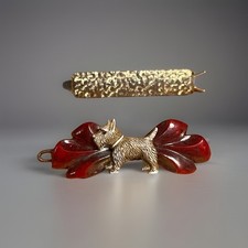 Vintage Scottie on Iridescent Red Bow Gold Tone Barrette Set Of 2