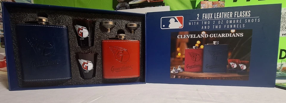 MLB Cleveland Guardians 2 Faux Leather Flasks 2 Ombre Shot Glasses And 2 Funnels - Image 3 of 4