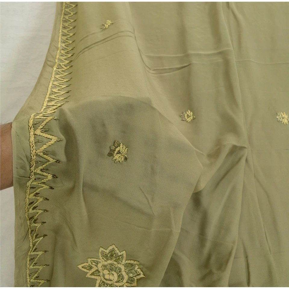 Estola Zardozi Sanskriti Vintage Verde Oliva Dupatta Pura Crepe Seda Cuentas a Mano Foto 2 de 4