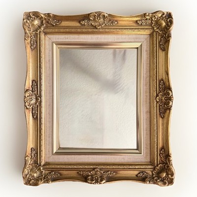 Ornate Baroque Style Gold Gilt Carved Wooden Mirror with Linen Trim Vintage