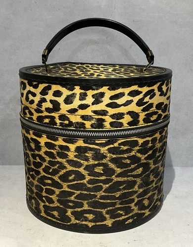 Vintage 1960s Leopard Print Wig Case Round Hat Box Zippered Travel Case