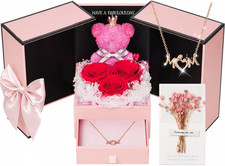 Gifts for Mom - Elegant Preserved Roses with Teddy Bear  Necklace