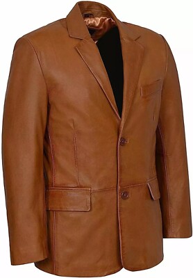 Men's Genuine Lambskin Leather Brown Blazer Two Button Coat Casual Formal Jacket