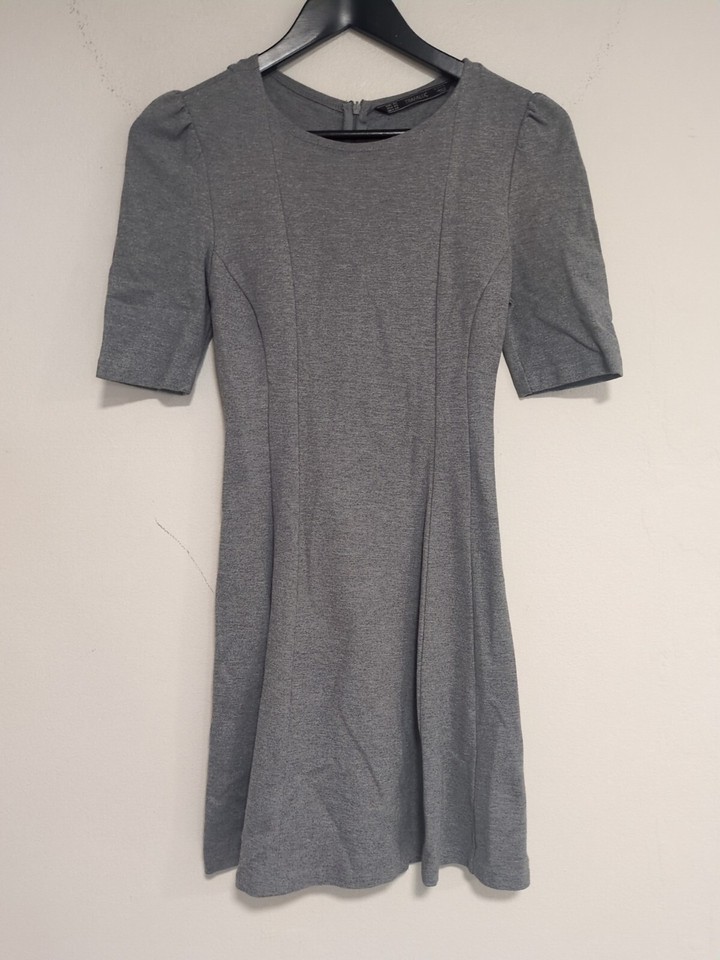 Zara Grey Mini Dress A-line Short Puff Sleeves Cute Stretch Size XS