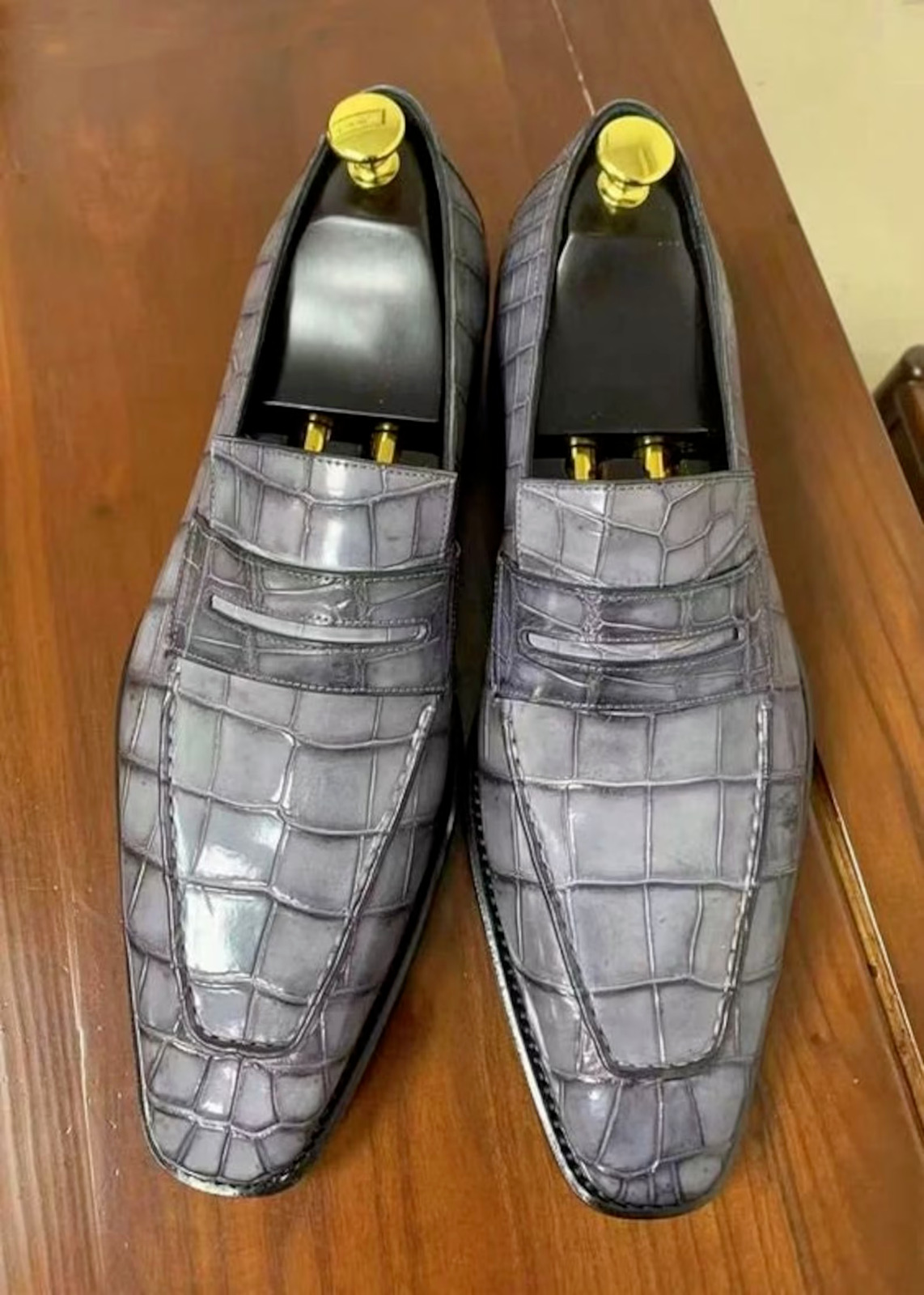 Handmade Men Shaded Grey Crocodile Dress Shoes, Slip on Moccasin Shoes for Men