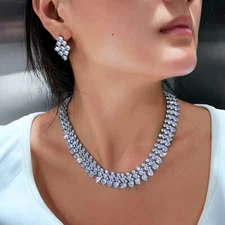 Shiny Wide Tennis Necklace Earrings Silver Plated Zircon Bridal Prom Jewelry Set