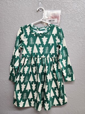 Hanna Andersson Girls Sz 4 Green Christmas Tree Printed Ribbed Holiday Dress New