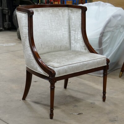 Pair of Tub Style Mahogany Carved Arm Lounge Chairs Silver White Fabric