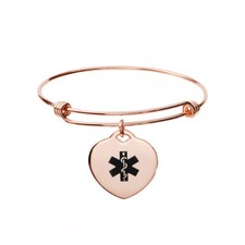 CUSTOM ENGRAVE Rose Gold Stainless Heart Charm Bangle Medical Id Bracelet