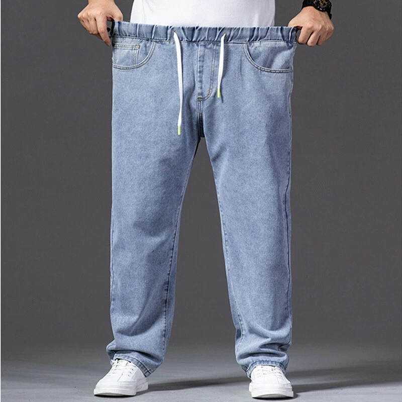 Men Casual Oversized Denim Pants Elastic Waist Jeans Loose Work