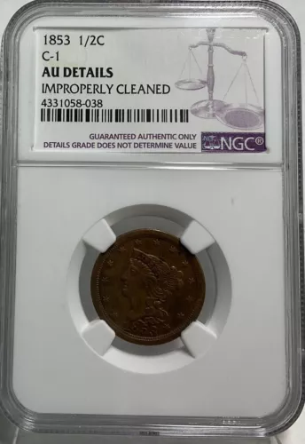 1853 1/2C Half Cent Braided Hair NGC AU Details #