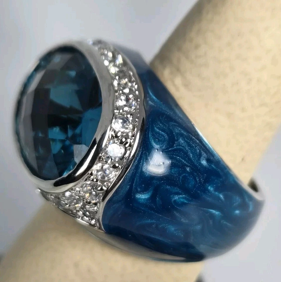 STERLING SILVER BLUE CZ 925  Women's Size 8 Blue Enamel Work   17.2g - Imagem 3 de 4