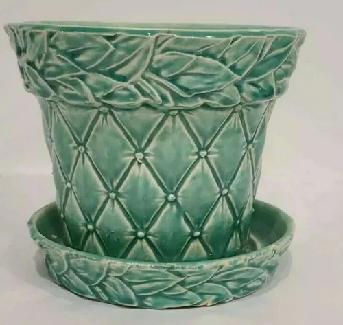 Vintage McCoy USA Teal Sea Green Diamond Bead Leaf Planter Saucer MCM