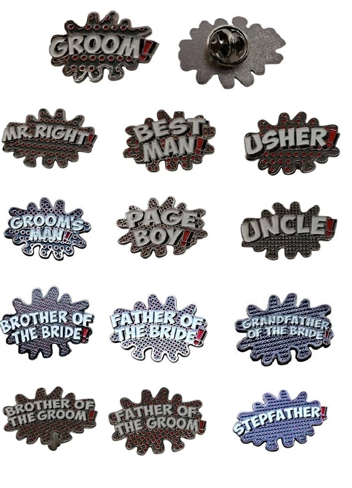 Wedding Lapel Pin Badges, Groom, Best Man, Usher, in 15 Titles