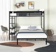 Heavy Duty Metal Bunk Bed Frame Twin Over Full Size w/ Shelves&Grid Panel, Black