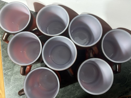8 Vintage Anchor Hocking Fire King Milk Glass Mugs Red Black Striped Stackable - Picture 3 of 5