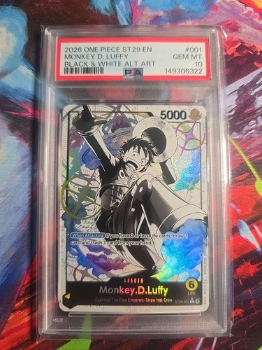 ONE PIECE PSA 10 GEM MINT MONKEY D LUFFY ST29-001 BLACK & WHITE ALTERNATE ART EN