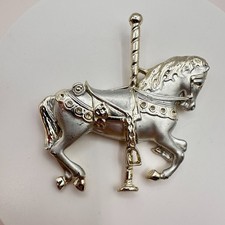 Vintage 90s Silver Tone Carousel Horse Brooch Moving Dangle Carousel Jewelry
