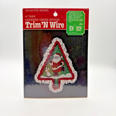 VTG 1987 Trim 'N Wire Cross Stitch Kit ''Ice Bound'' Santa & Bunny 9120 DMC