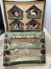4 Vtg Shiny Brite Diorama Putz House Christmas Ornaments - Santa Reindeer Sheep