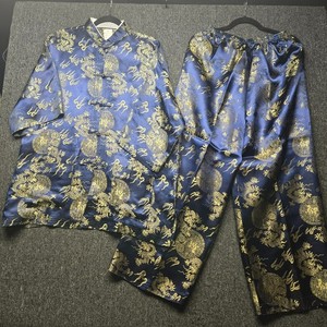 Chinese Traditional Blue Gold Dragon Satin Top & Pants XXL 100% Polyester Unisex