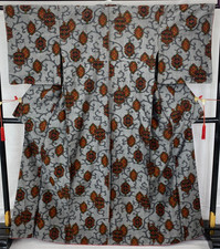 Japanese Vintage Kimono Silk Gray Tumugi Traditional Authentic Length 64 in