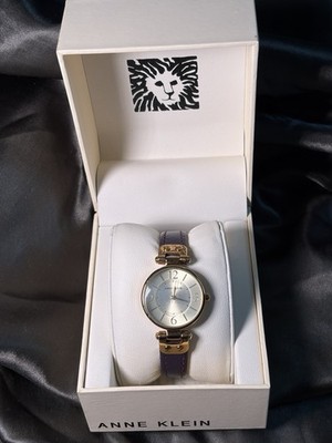 Anne Klein Women s Dress Watch- Gold Tone Purple Leather - In Box- FRESH BATTERY